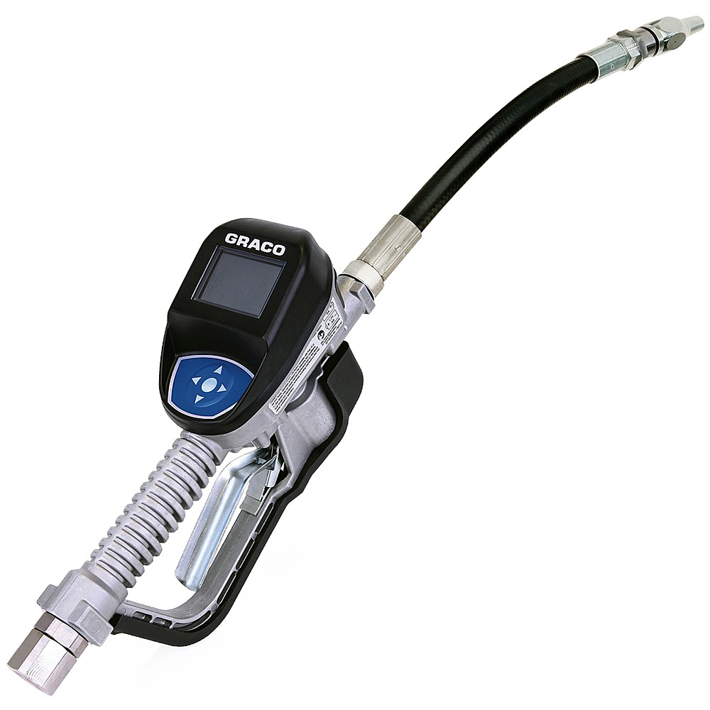 GR_25M330-Pulse-Meter_IMG1 Graco Pulse dispense valve model 25M330 with flex extension, high-flow nozzle, 3/4 in NPT for oil dispensing and fluid control.