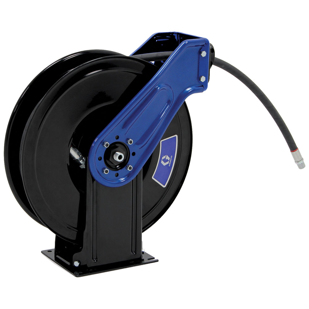 GR_XDM65B_IMG1 Graco XDM65B XDX 20 heavy-duty hose reel with 1/2 inch x 50 ft hose in metallic blue finish Image