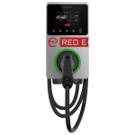 Red E PRO 50A EV charger with LCD screen and tethered charging cable